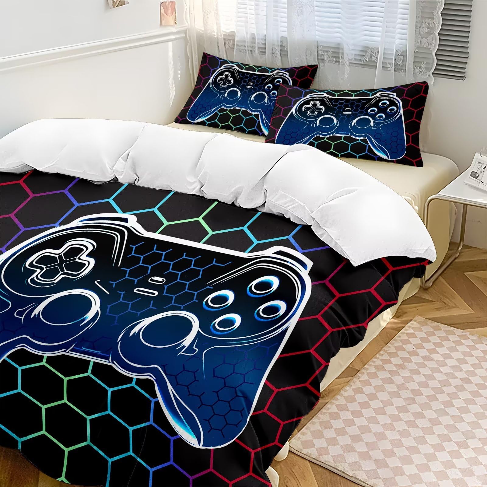 Duvet Cover Full,Gamer Bedding Set Full ,Game Console Comforter Cover Full Size for Boys Kids,Cool 3D Gaming Geometric Bedding Set, 3 Pieces, 1 Gamer Duvet Cover 80"x90" and 2 Pillow Shams 20"x30"