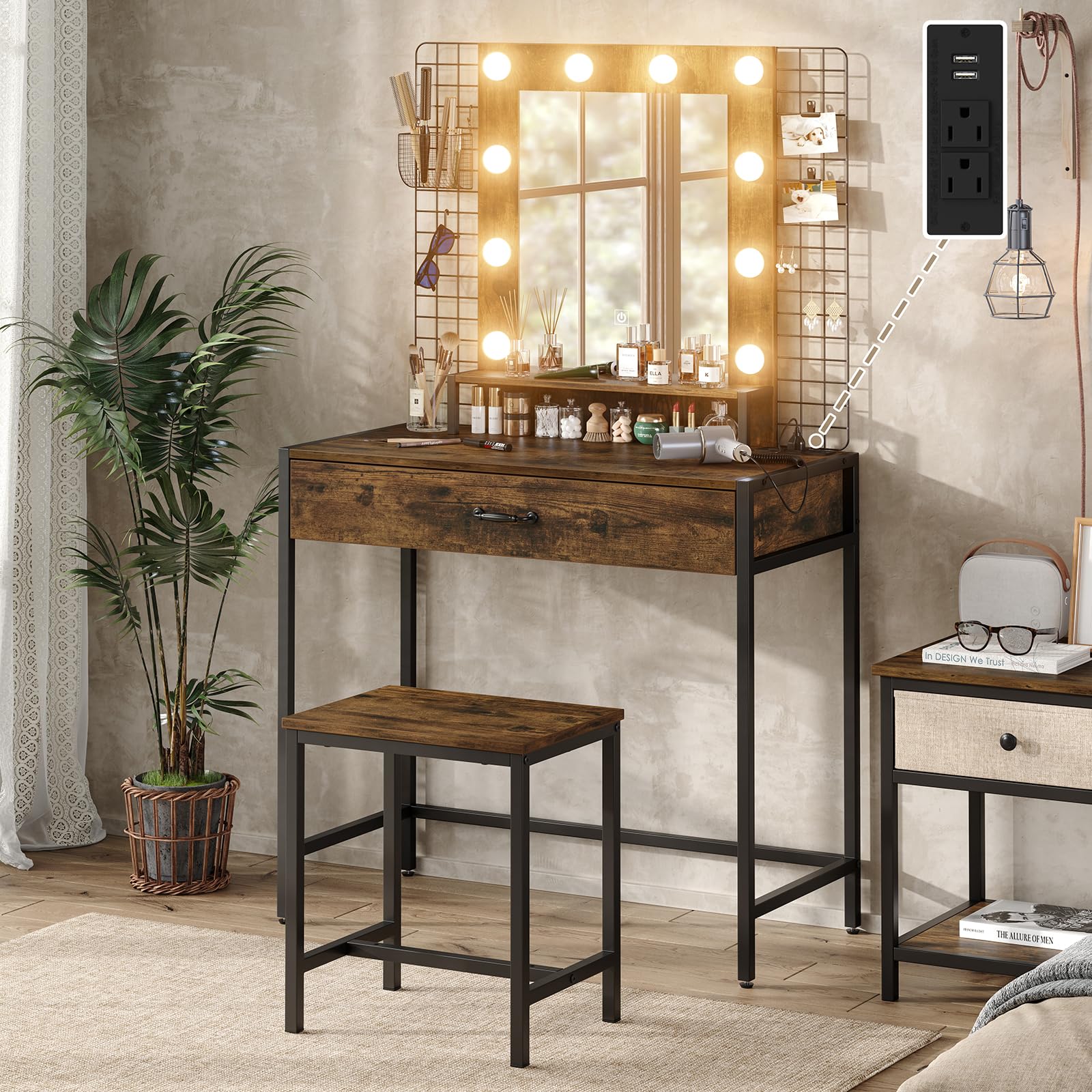 Furniouse Makeup Vanity Desk Set with LED Lights and Mirror, 33" W Makeup Table with Drawer & Charging Station, Dressing Table with Stool for Bedroom, Rustic Brown