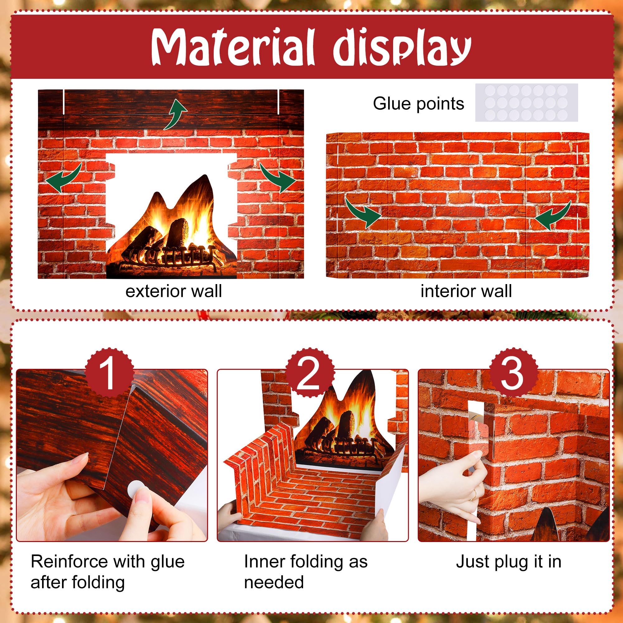 Christmas Cardboard Fireplace Prop- 3D Artificial Red Brick Cardboard Fireplace- Brick Fireplace Stand-Up- Fake Fireplace Backdrop for Christmas Decoration