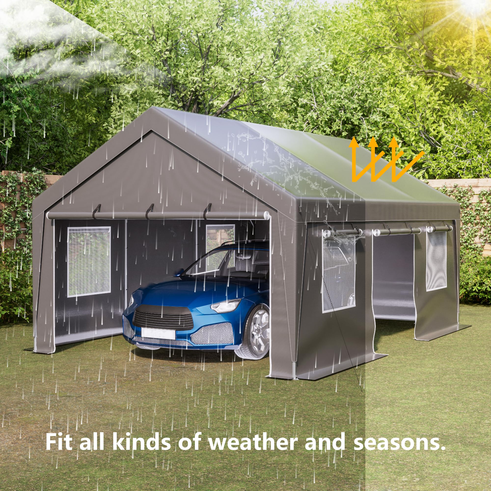 MACHOME Outdoor 13x20 FT Carport, Heavy Duty Canopy Storage Shed with Mesh Windows and Galvanized Steel Tube, All-Season Tarp, Wide Range of Appliaction for Car, Boat and Reunion, Gray