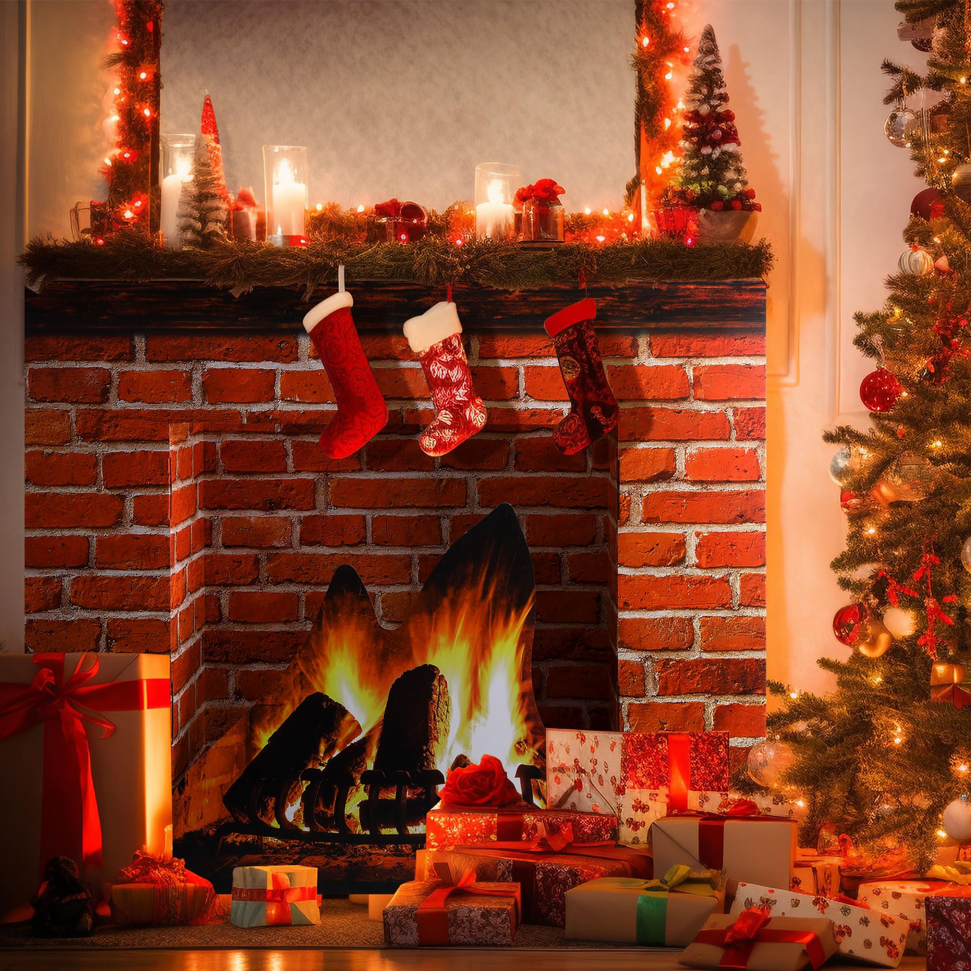 Christmas Cardboard Fireplace Prop- 3D Artificial Red Brick Cardboard Fireplace- Brick Fireplace Stand-Up- Fake Fireplace Backdrop for Christmas Decoration