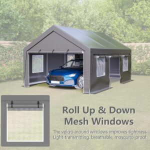 MACHOME Outdoor 13x20 FT Carport, Heavy Duty Canopy Storage Shed with Mesh Windows and Galvanized Steel Tube, All-Season Tarp, Wide Range of Appliaction for Car, Boat and Reunion, Gray