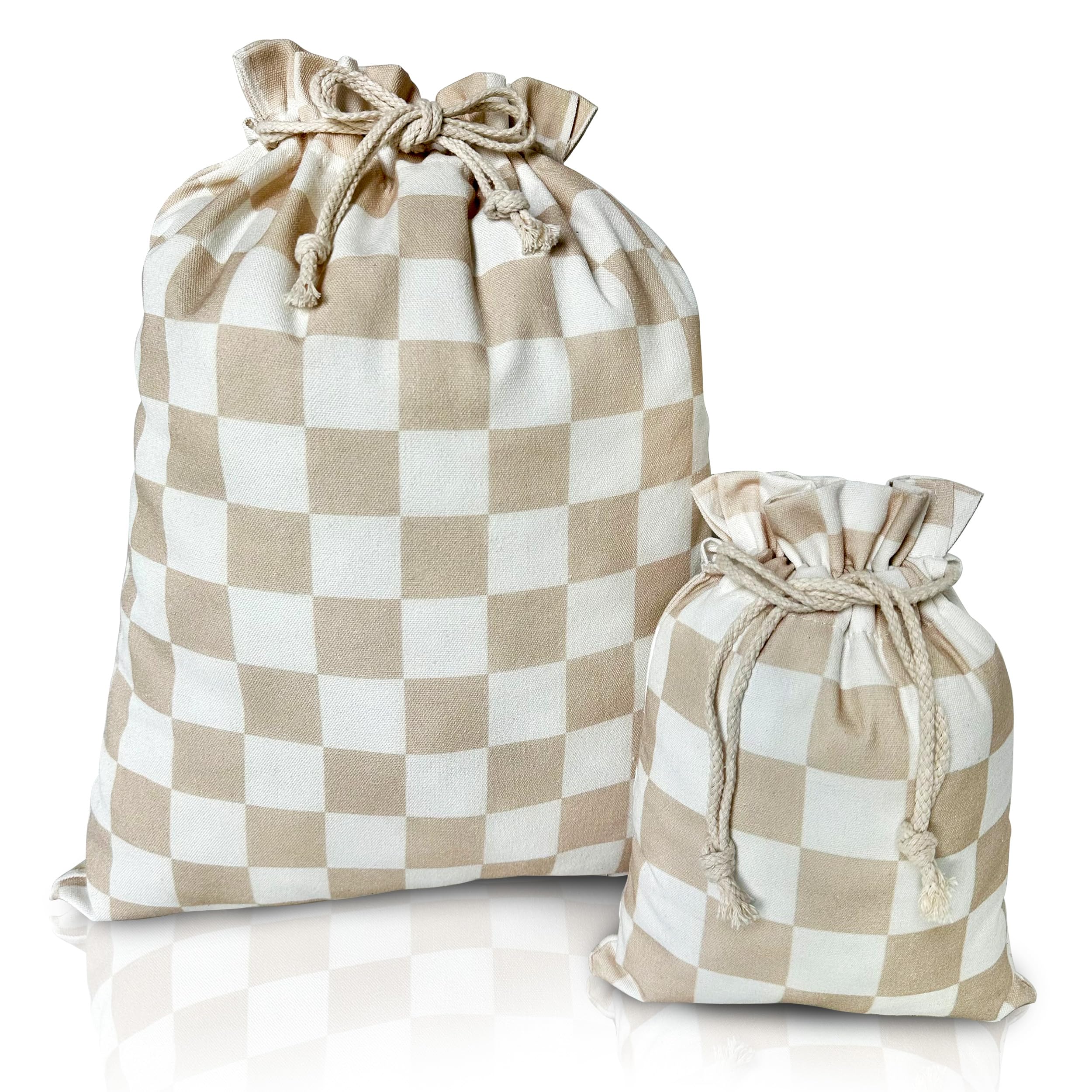 Gather & Knot Drawstring Gift Bags | 20" Large 12" Small | Premium Canvas | Reusable Fabric Wrap for All Occasions, Birthdays, Baby Shower | Gender Neutral Unisex | Checkers Taupe