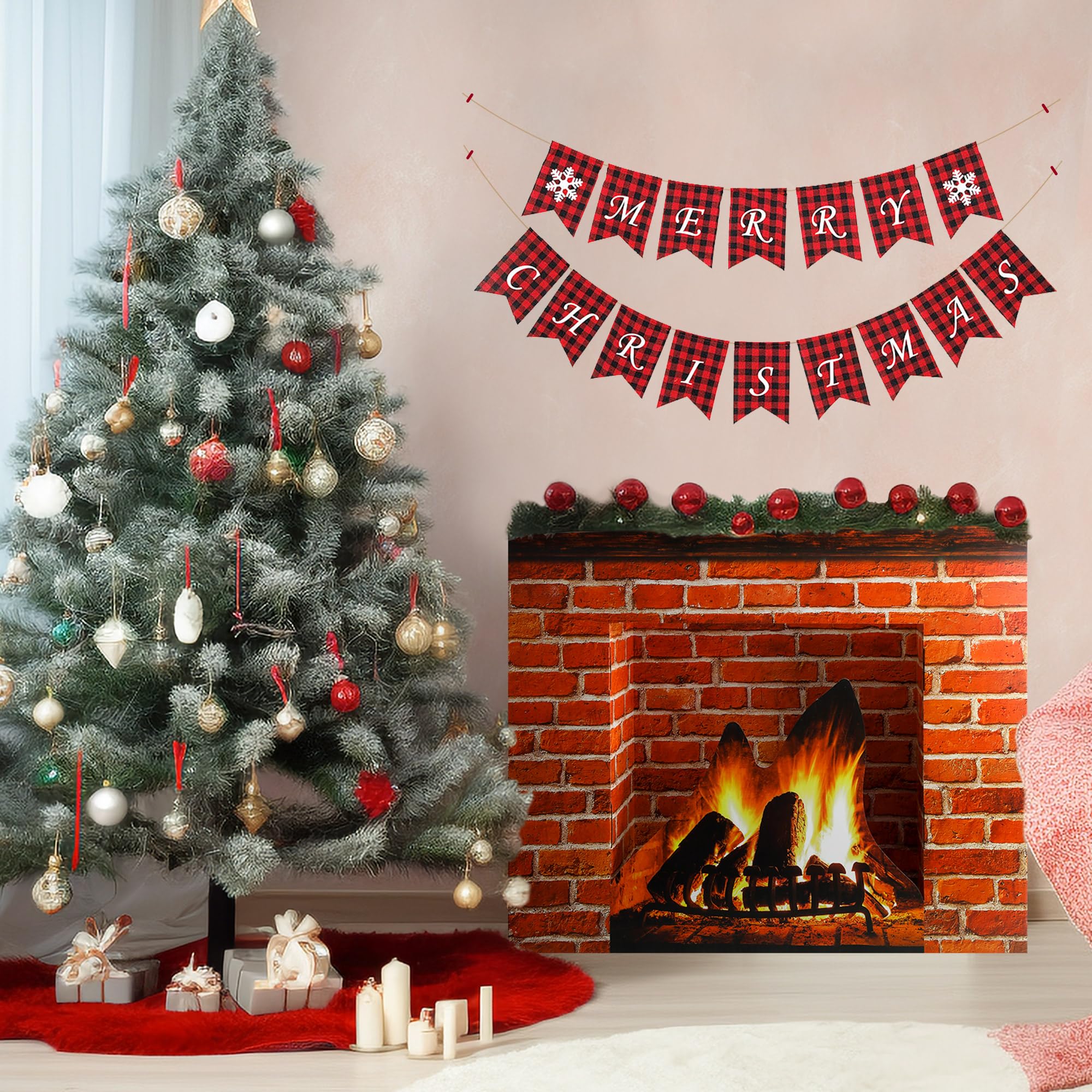 Christmas Cardboard Fireplace Prop- 3D Artificial Red Brick Cardboard Fireplace- Brick Fireplace Stand-Up- Fake Fireplace Backdrop for Christmas Decoration