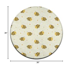 Soft Round Area Rug Cute Honeybee Bee Light Yellow for Bedroom, Circle Rug for Nursery Room, Carpet Floor Mat for Living Room, Dorm Home Decor, Easy to Clean