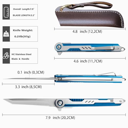 IKORES Pocket Knife,3.5 inch Folding Knife with Leather Sheath and Pocket Clip, Edc Knife with Stainless Steel Blade,for Men and Women