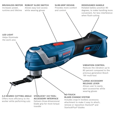 BOSCH GOP18V-34N 18V Brushless StarlockPlus Oscillating Multi-Tool Bare Tool, Cordless, Variable Speed, with 1-1/4 In. Bi-Metal Plunge Cut Blade