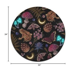 Modern Round Area Rug Goth Moon Frogs Moth Magical Mushroom Leaves Bedroom Circle Rug Washable Meditation Carpet for Playroom Living Room Bedroom Diameter 36inch