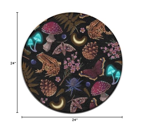 Modern Round Area Rug Goth Moon Frogs Moth Magical Mushroom Leaves Bedroom Circle Rug Washable Meditation Carpet for Playroom Living Room Bedroom Diameter 36inch