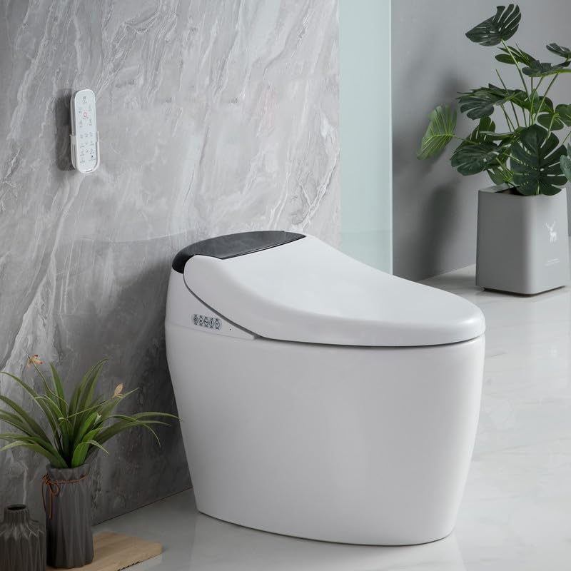 Smart Toilet One Piece Bidet Toilet for Bathrooms Toilet,Modern Intelligent Toilet Tankless Toilet with Remote Control and Auto Open & Close,Nightlight,Power Outage Flushing,White + Gray