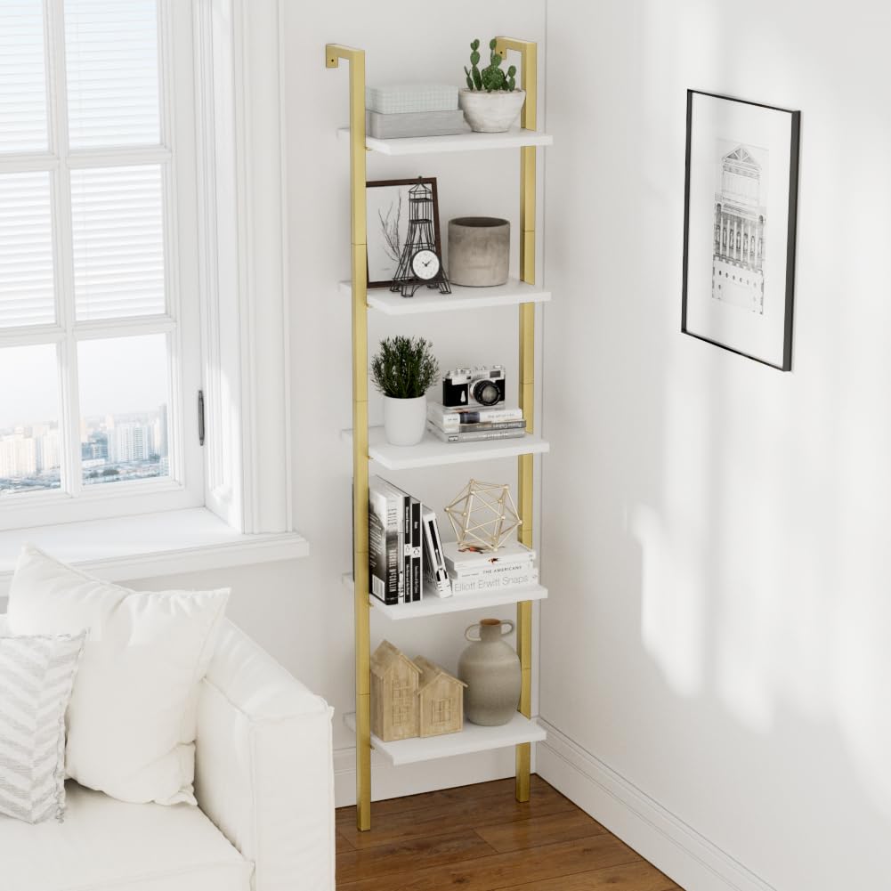 NUMENN Industrial Ladder Shelf, 5 Tier Book Shelf, Open Space Wall Mount Bookshelf with Metal Frame, Sturdy Book Shelves, Bookcase for Living Room, White and Brown Gold