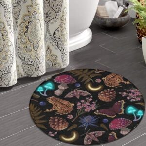 Modern Round Area Rug Goth Moon Frogs Moth Magical Mushroom Leaves Bedroom Circle Rug Washable Meditation Carpet for Playroom Living Room Bedroom Diameter 36inch