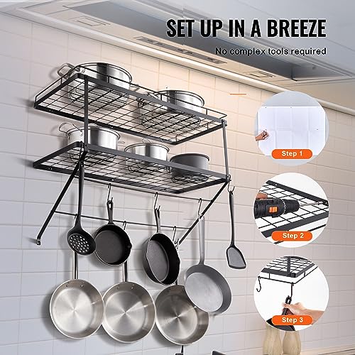 VEVOR Pot Rack Wall Mounted, 30 inch Pot and Pan Hanging Rack, Pot and Pan Hanger with 12 S Hooks, 55 lbs Loading Weight, Ideal for Pans, Utensils, Cookware in Kitchen