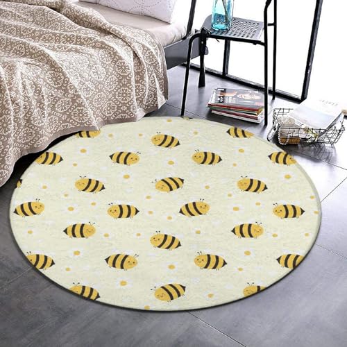 Soft Round Area Rug Cute Honeybee Bee Light Yellow for Bedroom, Circle Rug for Nursery Room, Carpet Floor Mat for Living Room, Dorm Home Decor, Easy to Clean