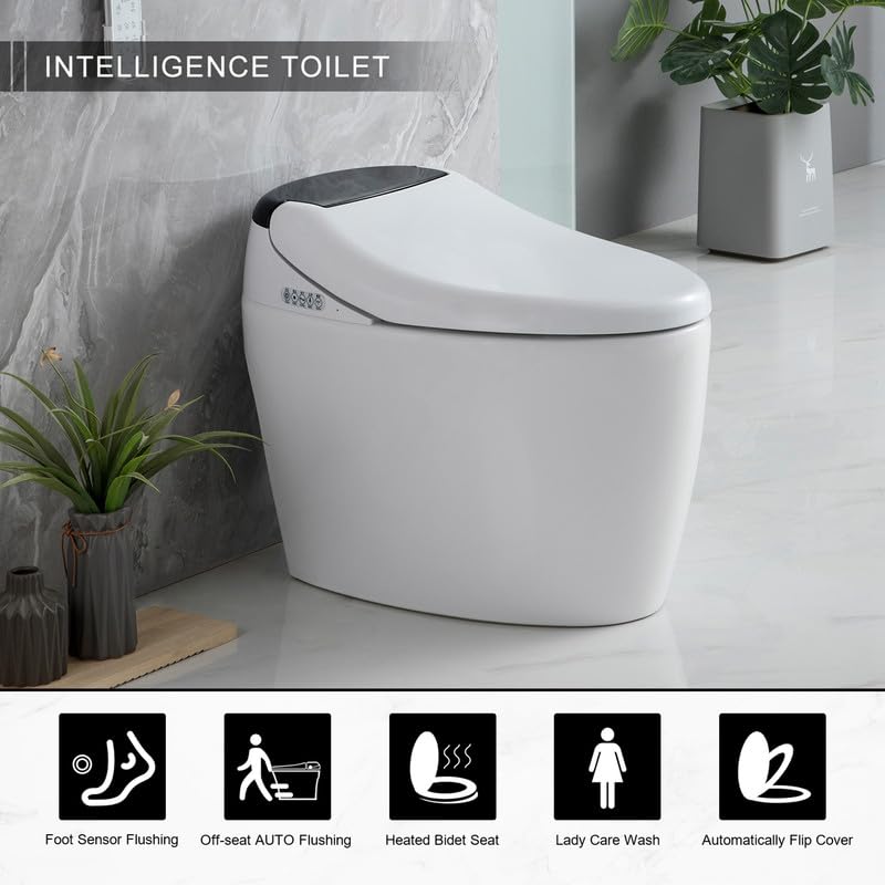 Smart Toilet One Piece Bidet Toilet for Bathrooms Toilet,Modern Intelligent Toilet Tankless Toilet with Remote Control and Auto Open & Close,Nightlight,Power Outage Flushing,White + Gray