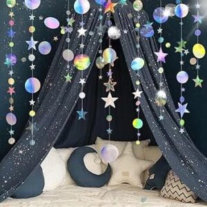 Iridescent Party Star Circle Dot Decoration Iridescent Hanging Garland Streamer Decorations Iridescent Glitter Star Bunting Banner Twinkle Backdrop for Engagement Wedding Baby Shower Birthday Xmas