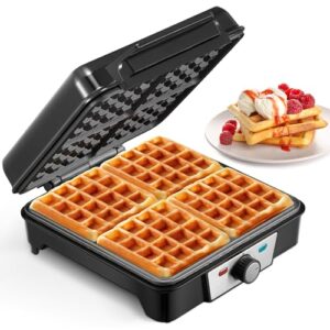 reemix 4-slice belgian waffle maker, 3 browning levels with nonstick square waffler iron plates, 1200 watts, compact design for easy storage, stainless steel/black, 120v