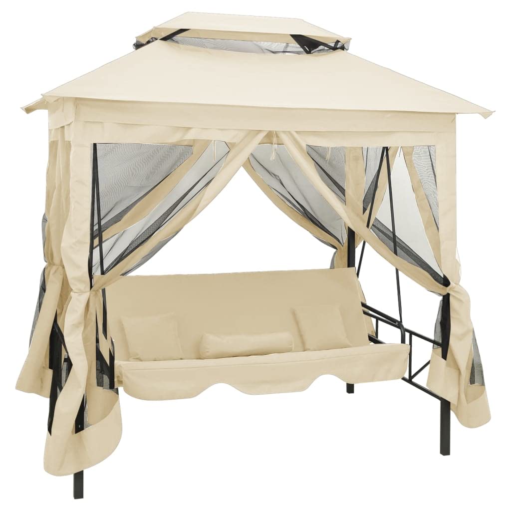 vidaXL Gazebo Convertible Swing Bench Cream White - Spacious Double-Seater Gazebo Swing Bench - Features Convertible Bed Function and Anti-Insect Mesh - Comes with Cushions for Comfort – Powder-Co...