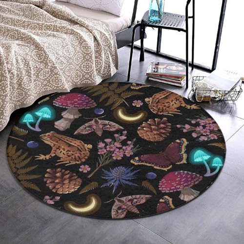 Modern Round Area Rug Goth Moon Frogs Moth Magical Mushroom Leaves Bedroom Circle Rug Washable Meditation Carpet for Playroom Living Room Bedroom Diameter 36inch