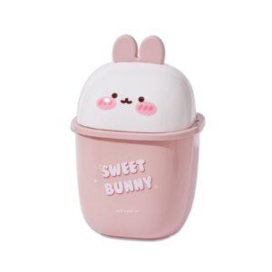 benshukam mini trash can with lid cute rabbit desktop flip small trash can 0.35 gallons countertop garbage cans for bathrooms, kitchens, offices, waste basket for dressing table (white)