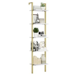 numenn industrial ladder shelf, 5 tier book shelf, open space wall mount bookshelf with metal frame, sturdy book shelves, bookcase for living room, white and brown gold