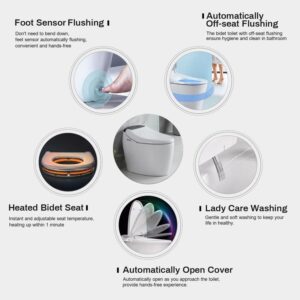 Smart Toilet One Piece Bidet Toilet for Bathrooms Toilet,Modern Intelligent Toilet Tankless Toilet with Remote Control and Auto Open & Close,Nightlight,Power Outage Flushing,White + Gray