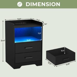 Hasuit Night Stand Set of 2 with LED Lights and Charging Station, Modern Bedside End Table with 2 Fabric Storage Drawers, Black Nightstands for Bedroom