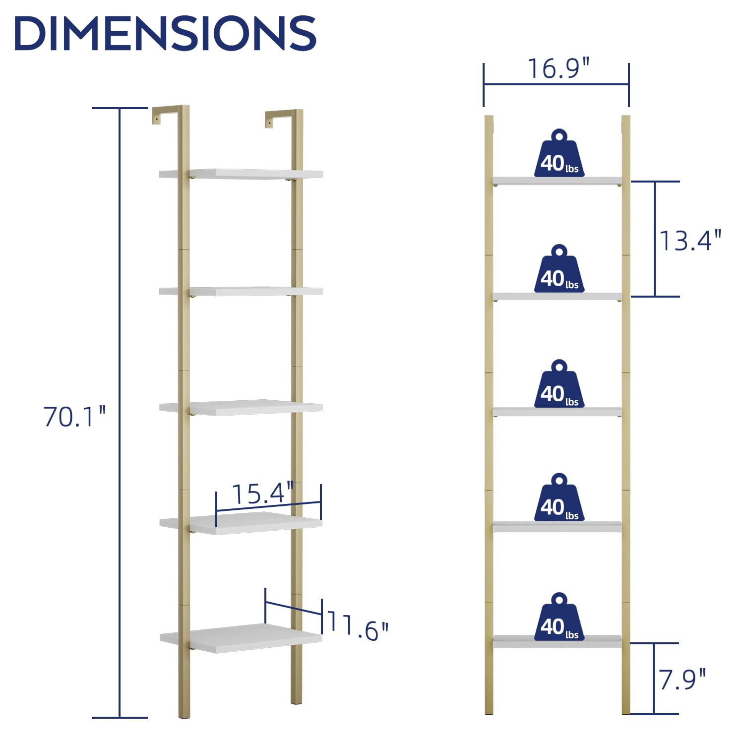 NUMENN Industrial Ladder Shelf, 5 Tier Book Shelf, Open Space Wall Mount Bookshelf with Metal Frame, Sturdy Book Shelves, Bookcase for Living Room, White and Brown Gold