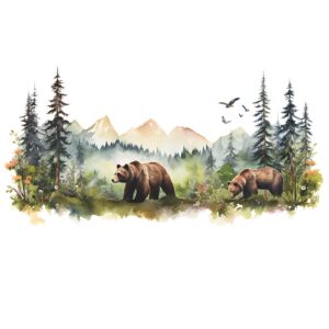 Annande Bear Wall Decals Mountain Wall Decal Woodland Nursery Decor Forest Wallpaper for Kids Baby Nursery Playroom Bedroom Classroom Kindergarten Wall Decor