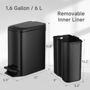 TIPGO Slim Bathroom Trash Can with Lid Soft Close, 6 Liter / 1.6 Gallon Stainless Steel Garbage with Removable Inner Bucket, Small Trash Bins for Bedroom, Office (Matte Black)