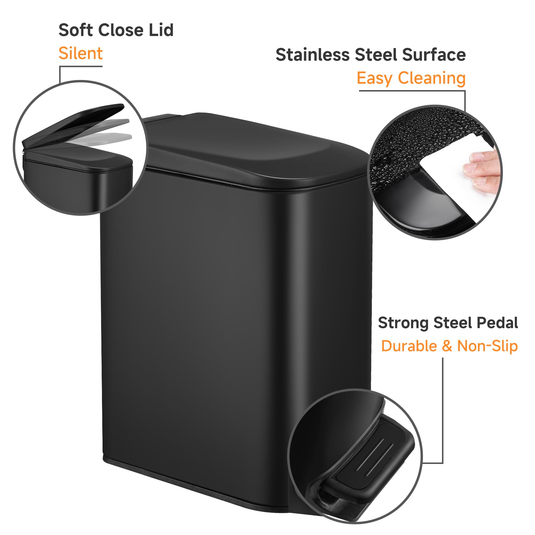 TIPGO Slim Bathroom Trash Can with Lid Soft Close, 6 Liter / 1.6 Gallon Stainless Steel Garbage with Removable Inner Bucket, Small Trash Bins for Bedroom, Office (Matte Black)