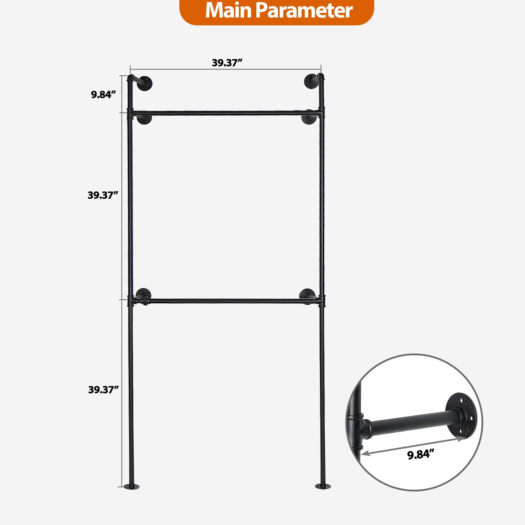 Toriexon Industrial Pipe Clothing Rack Metal, Minimalist Retro Walk-in Closet System, Heavy Duty Wall Mounted Industrial Pipe Closet Organizer (2 Tier, 88.58" H x 39.37”W x 9.84" D)