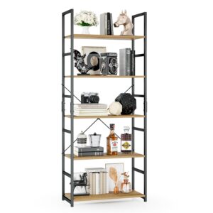 otk 5 tier bookshelf, tall bookcase, office shelf storage organizer, modern book shelf for living room, bedroom, and home office, natural