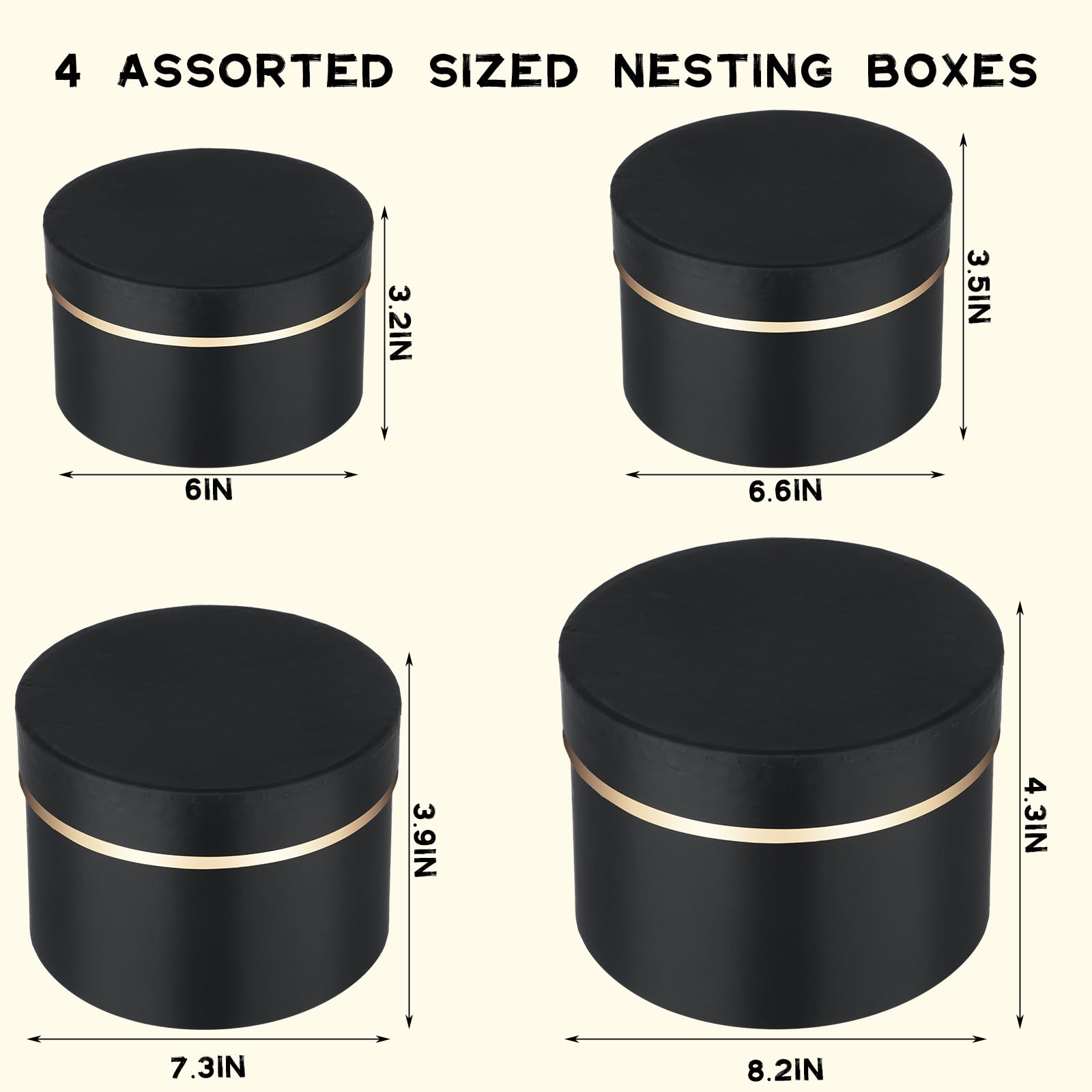 Resholder 8 Pack Round Nesting Gift Boxes Black Gift Boxes with Lids for Presents Assorted Sizes Gift Wrap Boxes for Flower Arrangements Bridesmaid Wedding Valentines Birthday Party Favor