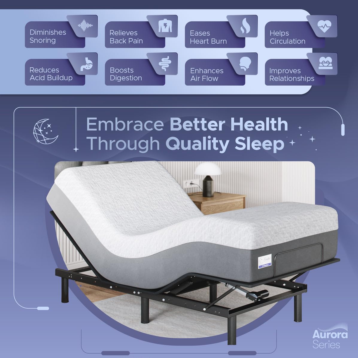 Celestial Aurora Adjustable Bed Base (Frame) + 12 inch Gel Memory Foam Mattress (Medium Soft), Easy Assembly, Head and Foot Lift, Zero Gravity, Memory Positions, CertiPUR-US Bed - TwinXL