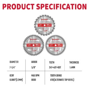 3 Pack 7 1/4 Circular Saw Blade 24T&40T&60T Combo, TCT ATB 24T Framing, 40T Ripping & Crosscutting, 60T Finish Saw Blade for Various Wood Cutting, 5/8" Arbor, Fit Dewalt Craftsman Ryobi Milwaukee