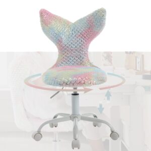 Guyou Cute Fuzzy Desk Chair for Kids/Girls/Boys, Mermaid Kids Study Chair Fluffy Children’s Swivel Chair with Wheels and Adjustable Height for Computer/Bedroom/Study Room Reading (Light Colorful)