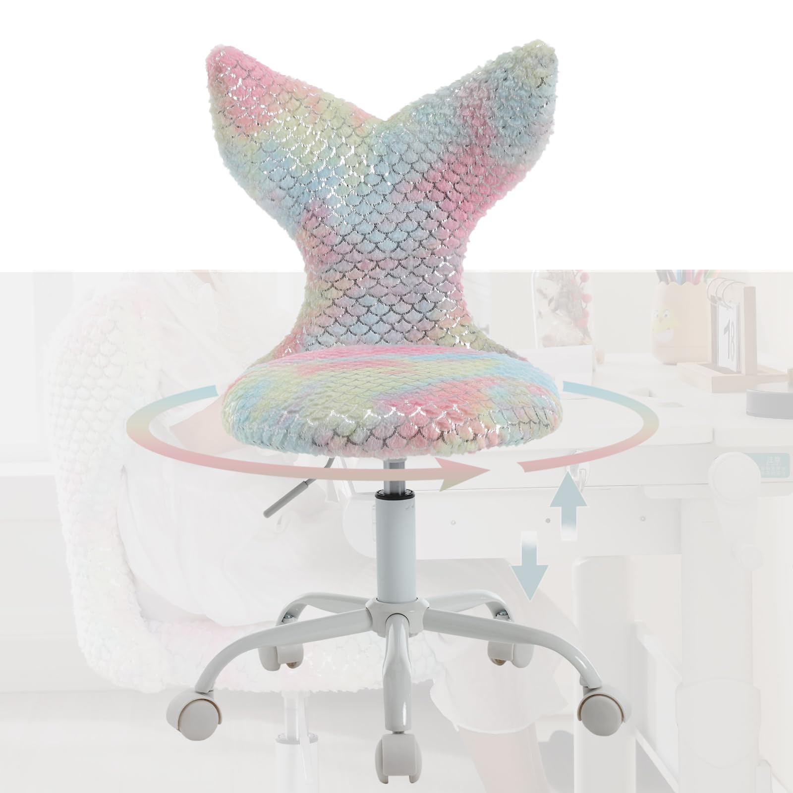 Guyou Cute Fuzzy Desk Chair for Kids/Girls/Boys, Mermaid Kids Study Chair Fluffy Children’s Swivel Chair with Wheels and Adjustable Height for Computer/Bedroom/Study Room Reading (Light Colorful)