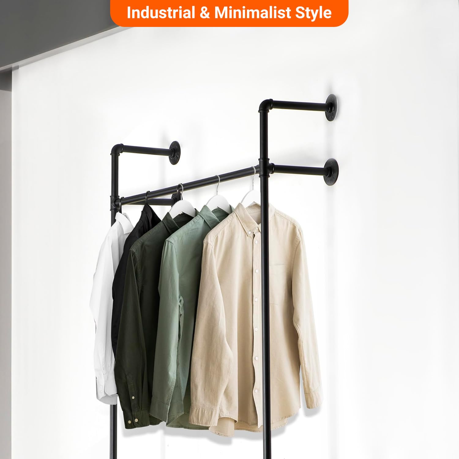 Toriexon Industrial Pipe Clothing Rack Metal, Minimalist Retro Walk-in Closet System, Heavy Duty Wall Mounted Industrial Pipe Closet Organizer (2 Tier, 88.58" H x 39.37”W x 9.84" D)