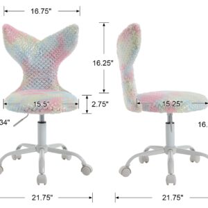 Guyou Cute Fuzzy Desk Chair for Kids/Girls/Boys, Mermaid Kids Study Chair Fluffy Children’s Swivel Chair with Wheels and Adjustable Height for Computer/Bedroom/Study Room Reading (Light Colorful)