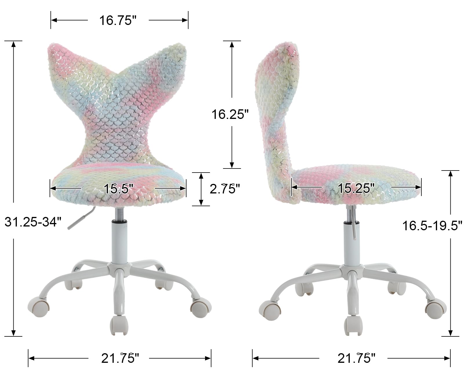 Guyou Cute Fuzzy Desk Chair for Kids/Girls/Boys, Mermaid Kids Study Chair Fluffy Children’s Swivel Chair with Wheels and Adjustable Height for Computer/Bedroom/Study Room Reading (Light Colorful)