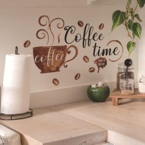 AWAKINK Coffee Tea Cup Wall Stickers Murals Coffee Beans Vinyl Wall Decals Coffee Time Quotes Wall Art DIY Peel and Stick Home Decor for Kitchen Cafe Shop Coffee Station Pub Restaurant Office