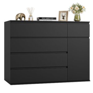 fotosok 5 drawer dresser, black dresser modern dresser for tv stand, double dresser wide storage chests of drawer with door, deep drawers and wide storage space