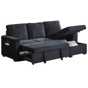 instory mid-century modern velvet sofa sectional l-shaped sofa pull out sofabed convertible sleeper sofa bed with storage chaise & usb for living room - black