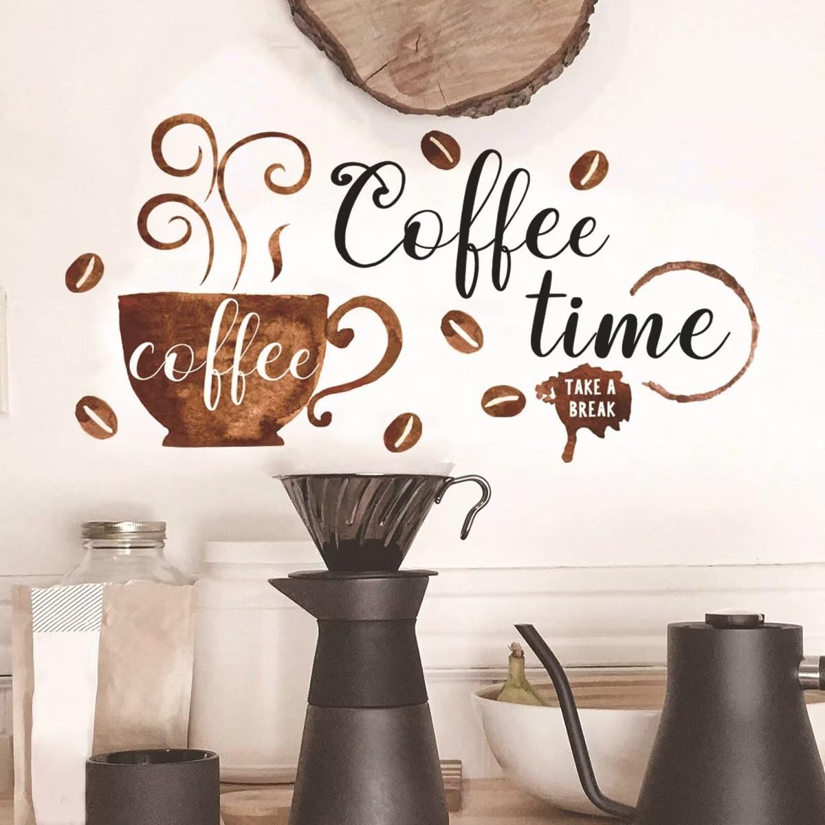 AWAKINK Coffee Tea Cup Wall Stickers Murals Coffee Beans Vinyl Wall Decals Coffee Time Quotes Wall Art DIY Peel and Stick Home Decor for Kitchen Cafe Shop Coffee Station Pub Restaurant Office