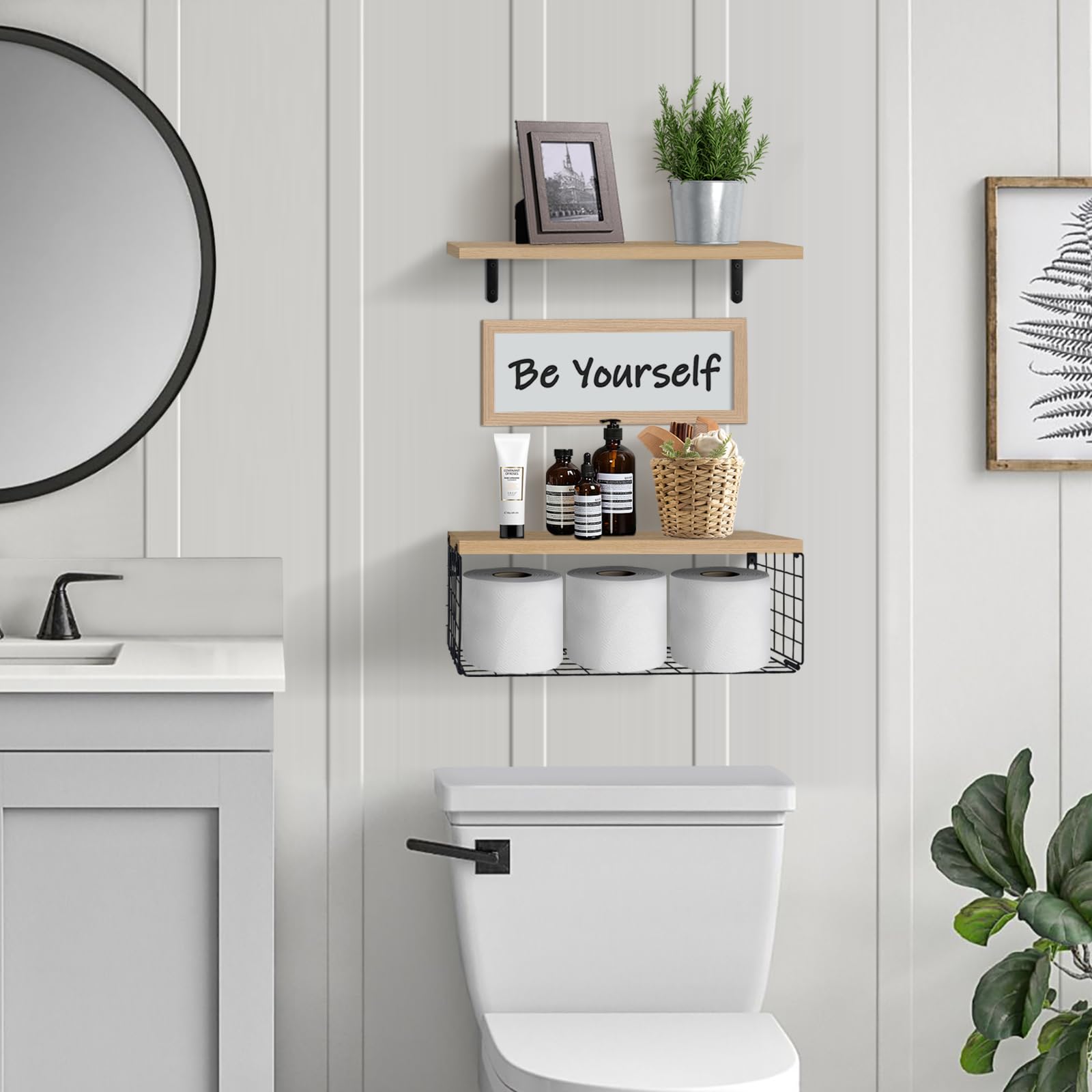 KOROI Bathroom Shelves Over Toilet，Floating Shelves Wall Mounted with Storage Basket，Wall Shelves for Bathroom，Bedroom,Living Room (Light Brown)