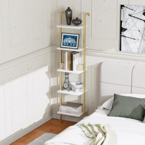 NUMENN Industrial Ladder Shelf, 5 Tier Book Shelf, Open Space Wall Mount Bookshelf with Metal Frame, Sturdy Book Shelves, Bookcase for Living Room, White and Brown Gold