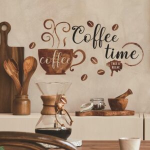 AWAKINK Coffee Tea Cup Wall Stickers Murals Coffee Beans Vinyl Wall Decals Coffee Time Quotes Wall Art DIY Peel and Stick Home Decor for Kitchen Cafe Shop Coffee Station Pub Restaurant Office