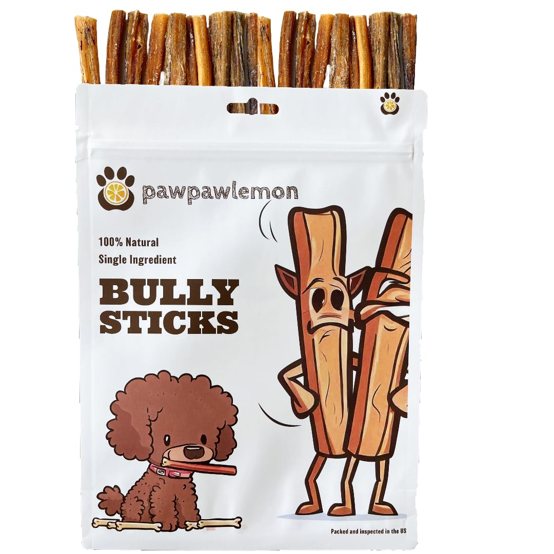 pawpawlemon Bully Sticks for Dogs (6 inch Pack of 20) | Long Lasting Natural Dog Chew | Single Ingredient 100% Beef Pizzle | Packed in The USA | Standard Thickness