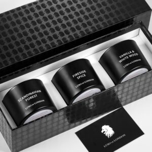 Lüso of London - Black Scented Mens Candles for Home, 3 Candles for Men Presented in a Striking Black Gift Box. The Perfect Candle Set of Manly Candles for Men. Black Candle Gifts for Men